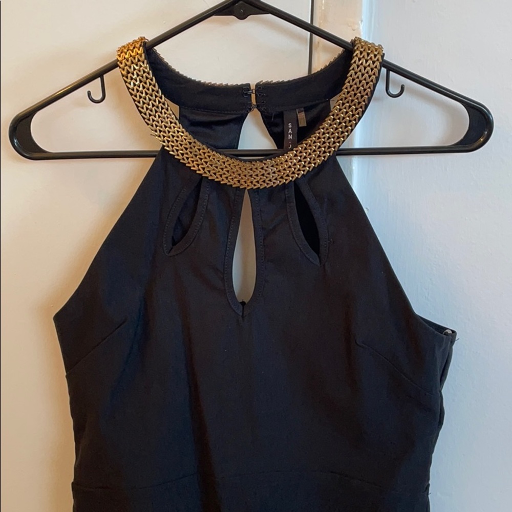 High neck gold chain black dress